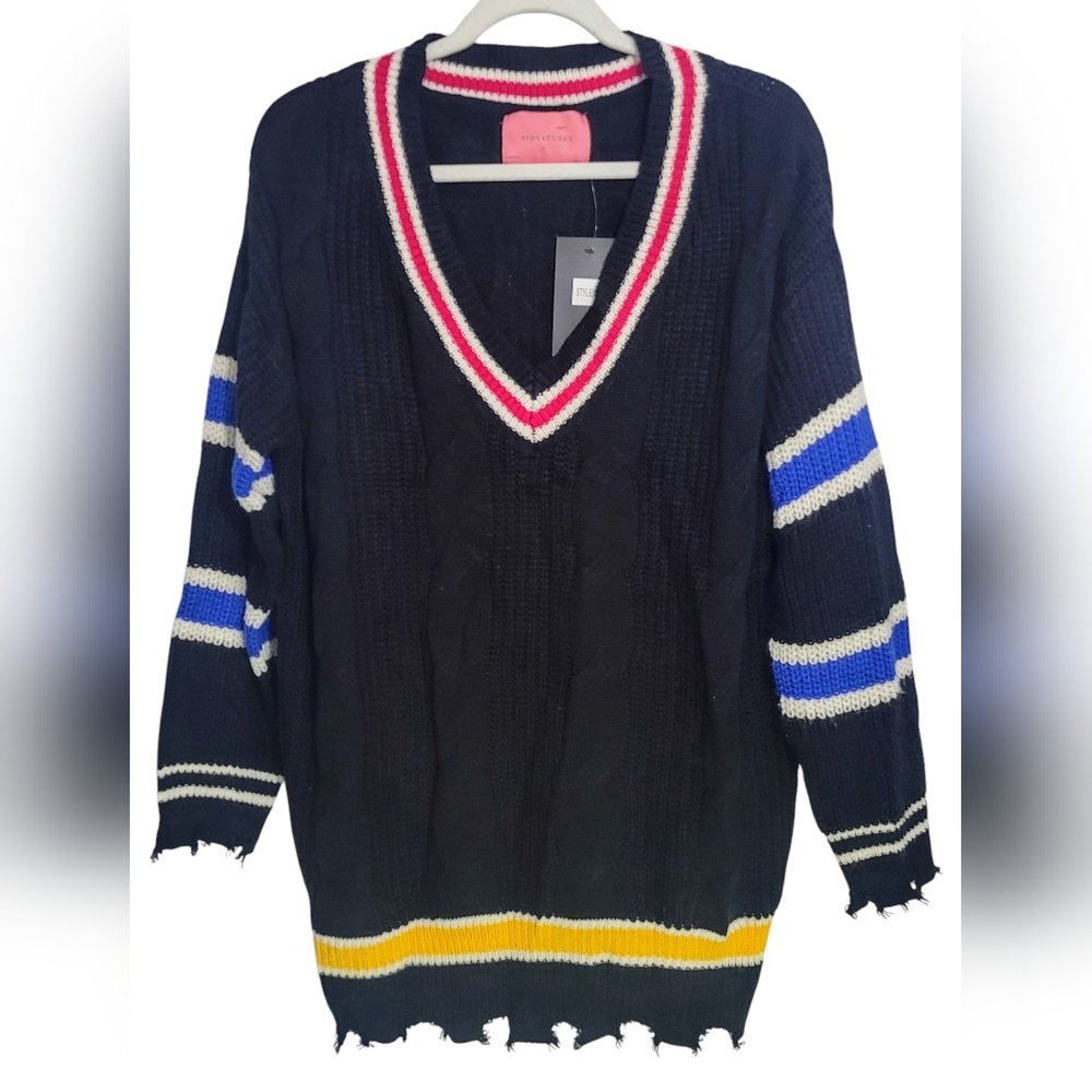 Women's Signature8 Oversized V Neck Cable Knit Longline Distressed Sweater sz m